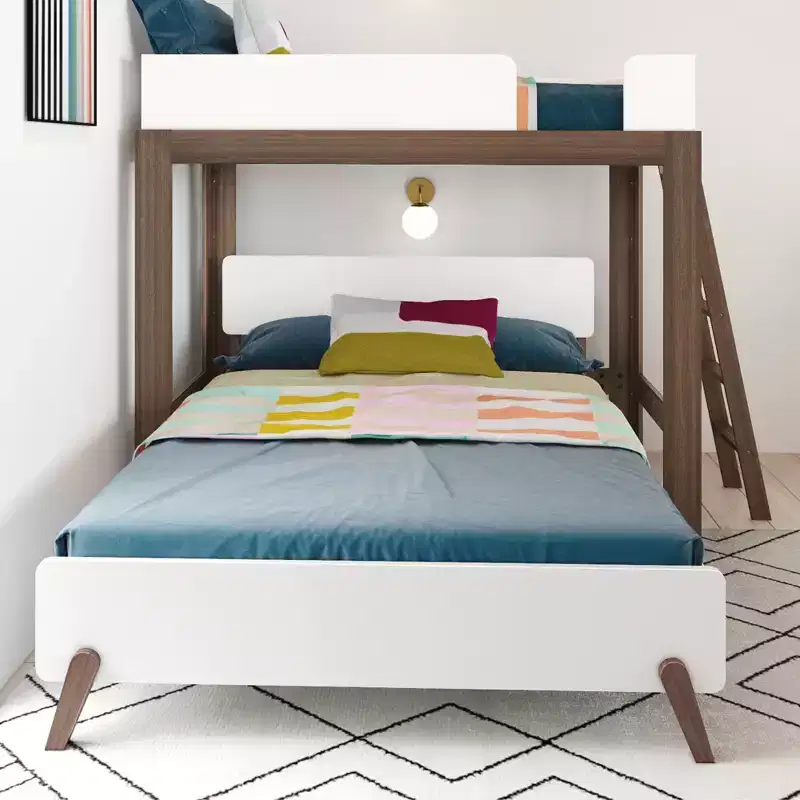Max & Lily Mid-Century Modern Twin over Queen L-Shaped Bunk Bed, Solid Wood