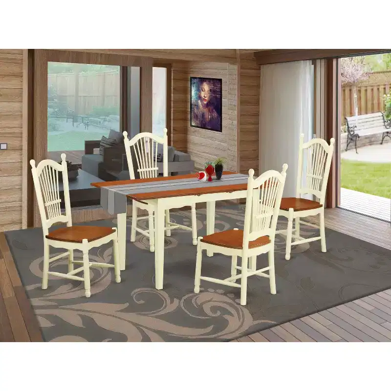 Dining Table Set 5 Piece - Rectangle Table with Butterfly Leaf & 4 Chairs - Kitchen Dinette Set