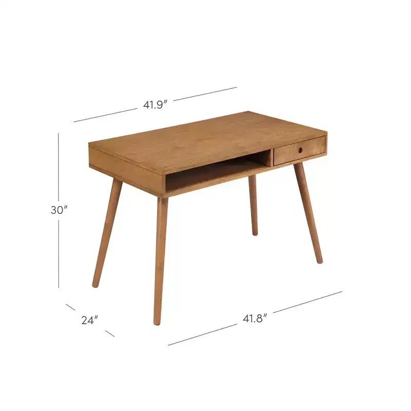 Parker Mid-Century Desk with Drawer Acacia Light Brown: MDF Top, Solid Wood Legs, Home Office Furniture