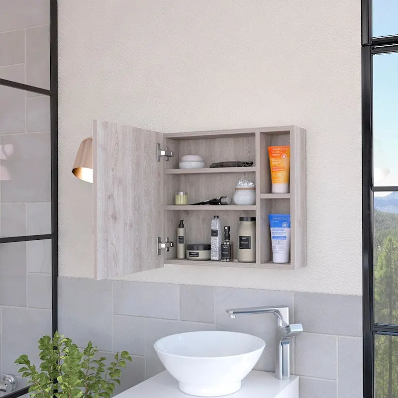 Mirror Cabinet with Three Internal Shelves, Single Door, Two External Shelves, Black Wengue Finish