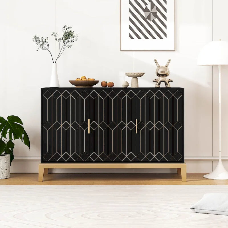 Carved Line 3 Door Storage Cabinet, Sideboard Buffet Cabinet With Adjustable Shelf, Large Storage Accent Cabinet