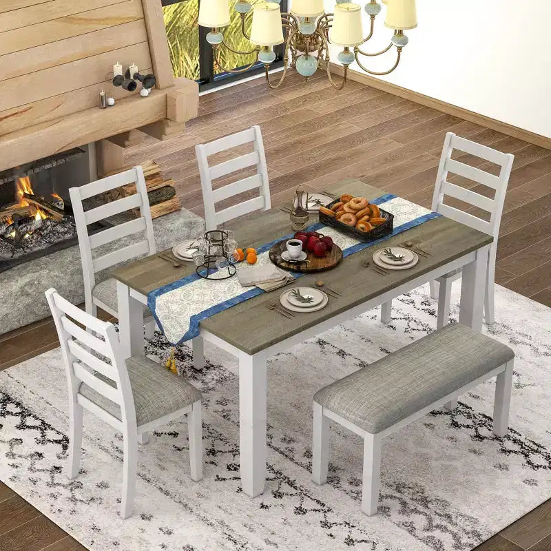 6 PCS Rustic Wood Dining Table Set, Rectangular Table with 4 Chairs & Bench-ModernLuxe