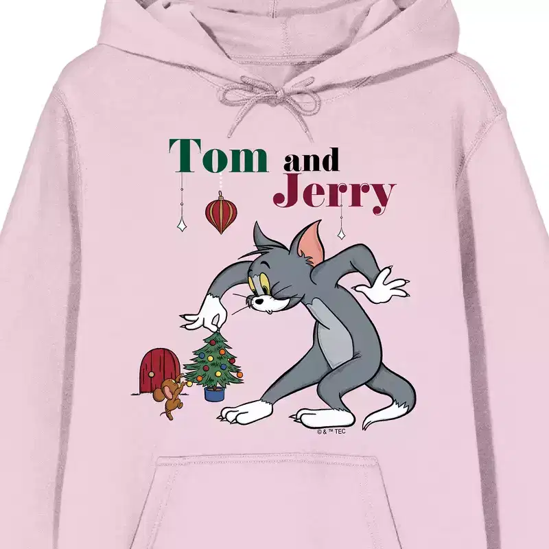 Tom & Jerry Christmas Chase Long Sleeve Cradle Pink Adult Hooded Sweatshirt
