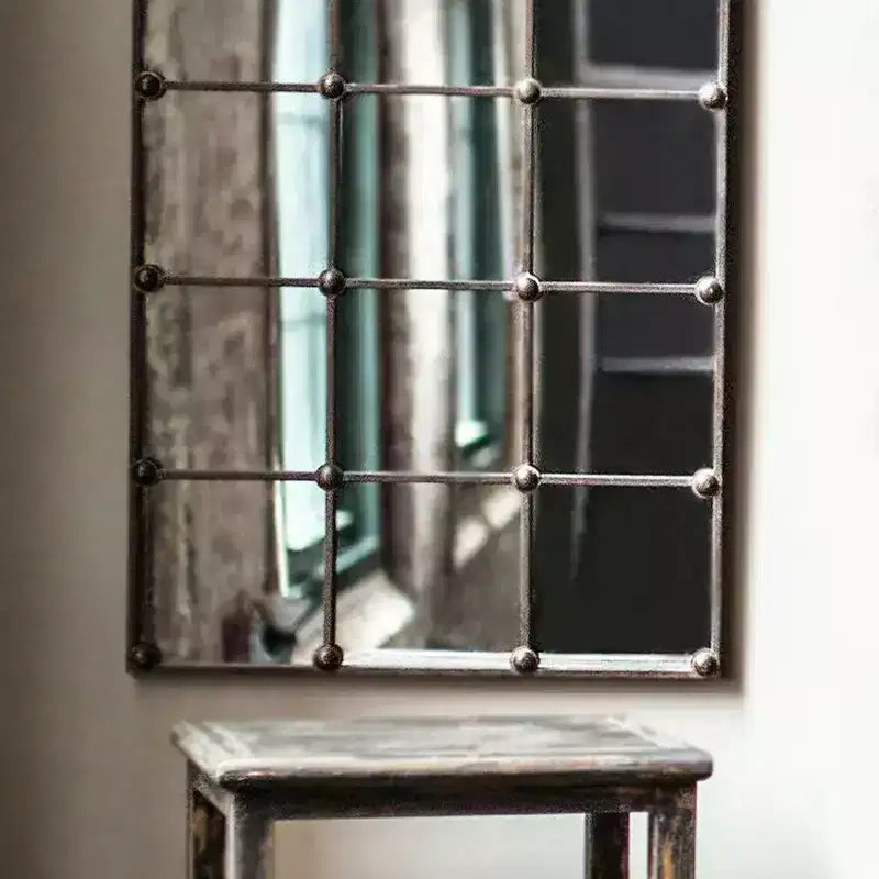 Slickblue Cast Iron Rectangle Wall Mirror 27.5 Brown 12-Panel Grid Industrial-Rustic Decorative Mirror