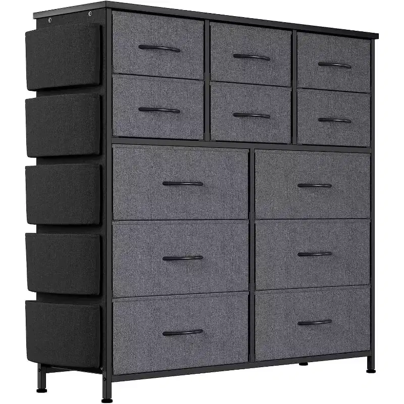 12-Drawer Fabric Storage Tower with Wooden Top, Side Pockets & Hooks – Bedroom Dresser for Closet, Hallway