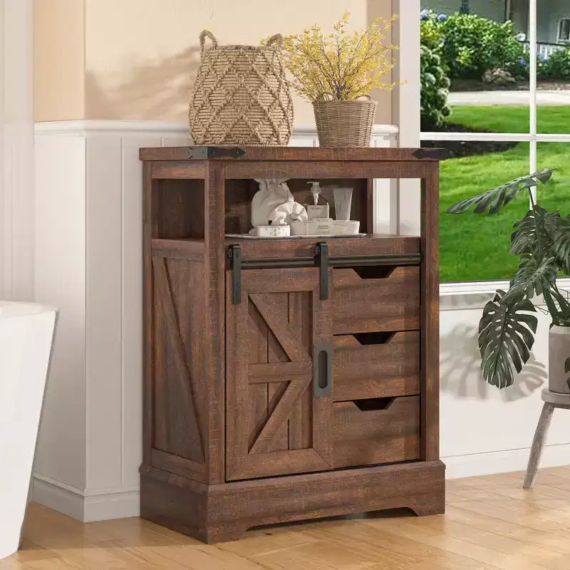 Farmhouse Floor Cabinet with Sliding Barn Door, 3 Drawers