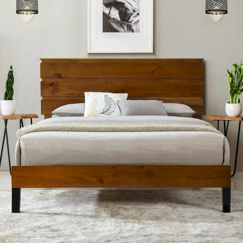 King Platform Bed with Horizontal Plank Headboard & Black Metal Legs �C Solid Pinewood