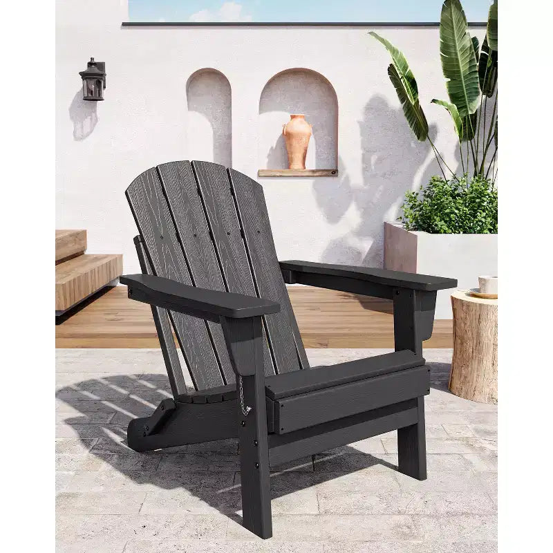 Heavy-Duty Folding HDPE Adirondack Chair,Collapsible Design, Weather Resistant with Wood Grain Texture & Cup Holder for Patio, Lawn, Garden, Deck