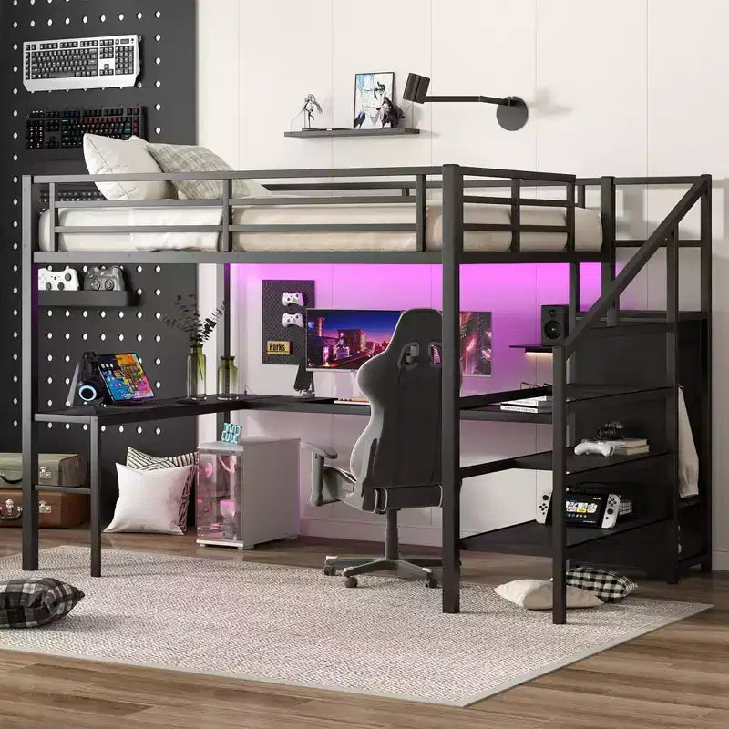 Metal High Loft Bunk Bed with L-Shaped Desk, USB, Wardrobe & LED, for Adults Teens Kids