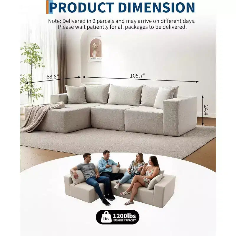 107 L Shaped Convertible Sectional Sofa, Upholstered Modular Sofa with Deep Seat, No Assembly Required Sleeper Sofa for Living Room