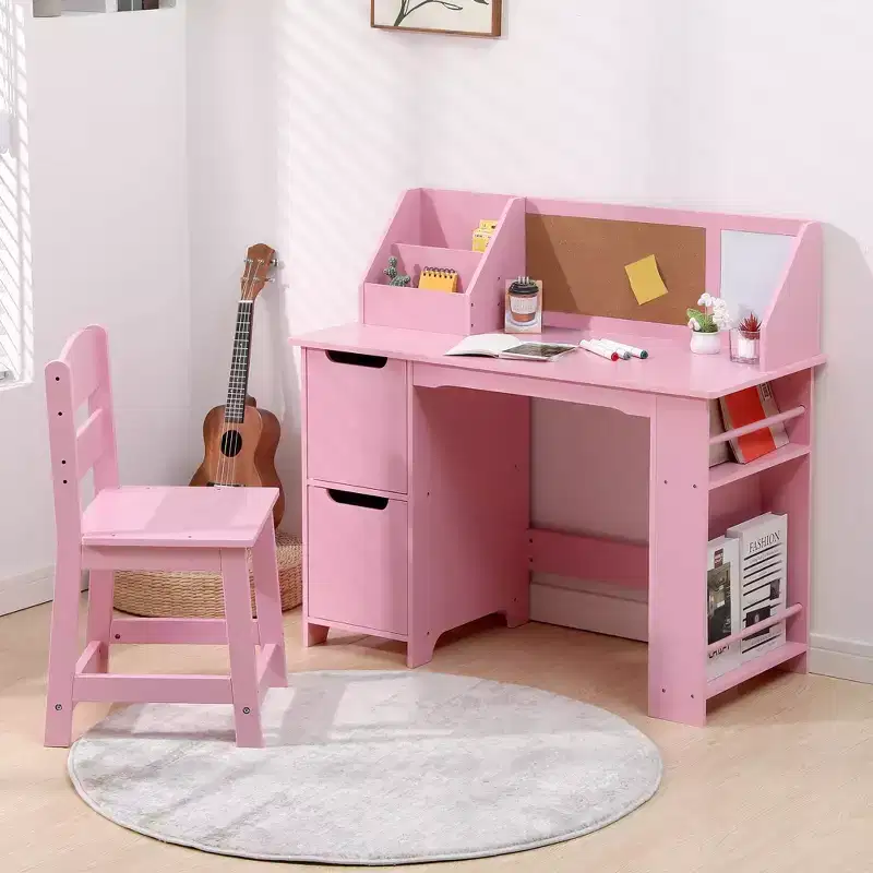 Kids Desk & Chair Set with Storage Hutch & Bulletin Board, Wooden Study Table for Bedroom & Learning Room