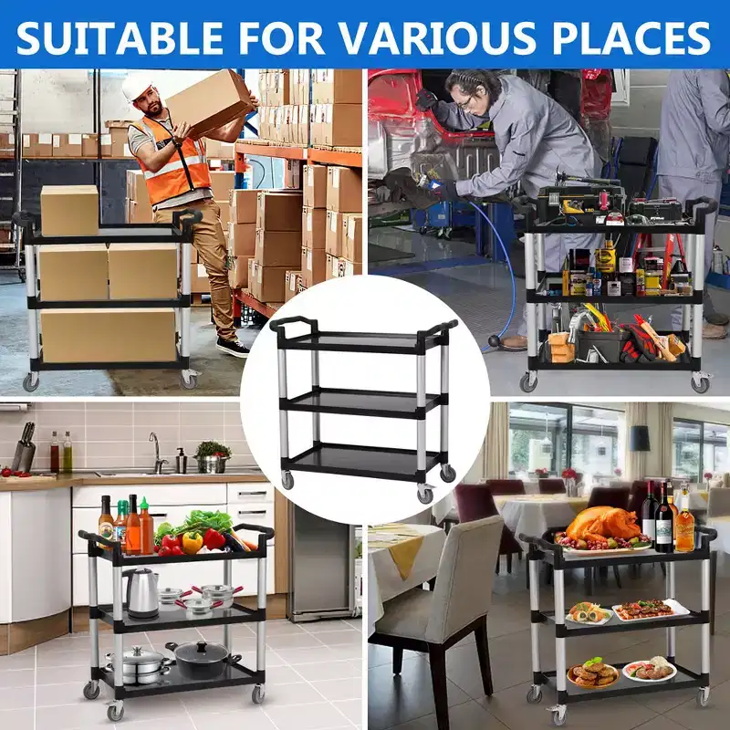 Utility Service Cart with Brake Wheel, 3 Shelf 360LBS Heavy Duty Rolling Service Cart with 360 Swivel Wheels, Restaurant Food Cart with Hammer