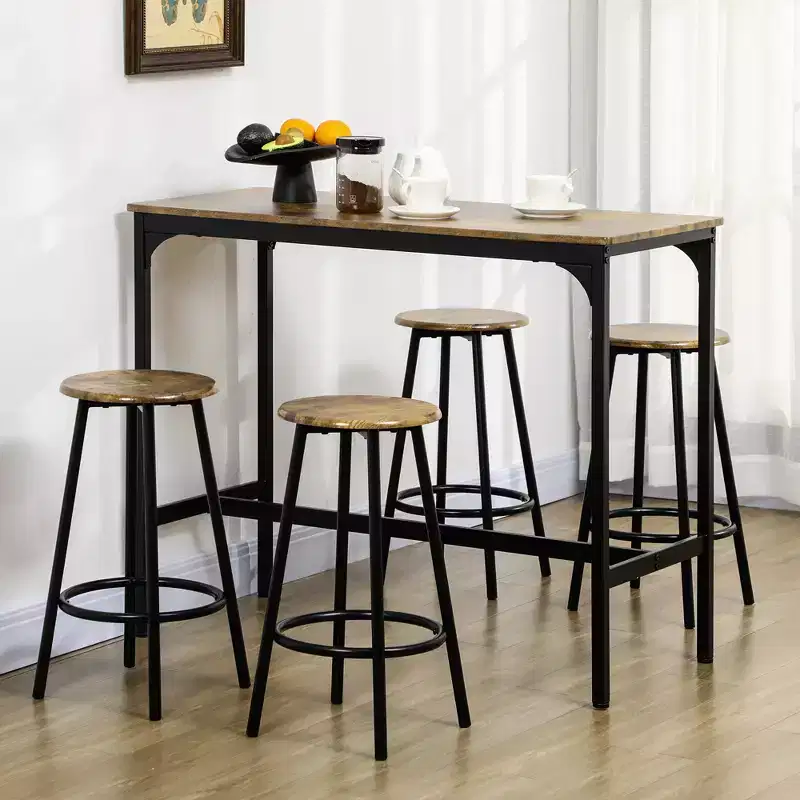HOMCOM 5-Piece Counter Height Bar Table and Chairs Set, Rustic Bar Table with Stools, Kitchen Table 4 Chair Bar Table with Wooden Top