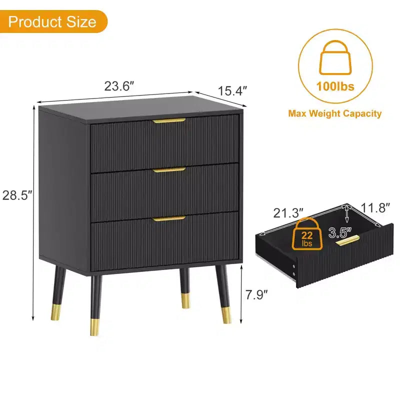 Modern Fluted 3-Drawer Dresser, 35