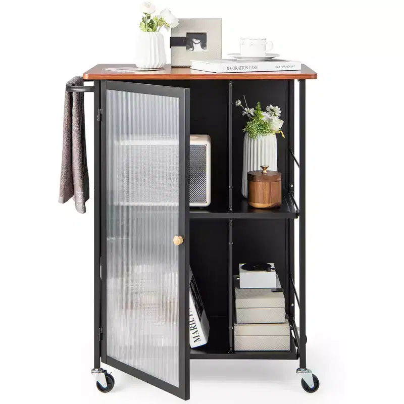 Costway Mobile Serving Cart Metal Kitchen Trolley w/Transparent Single Door Cabinet