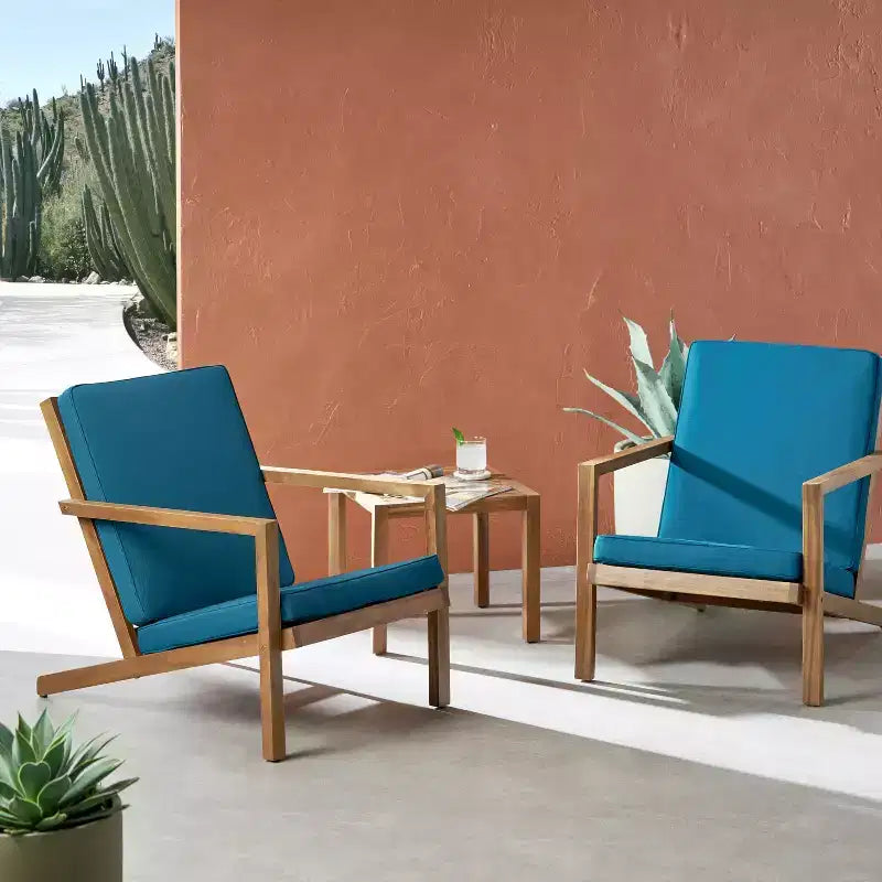 GDFStudio Ludwig Outdoor Acacia Wood 3 Piece Chat Set with Cushions