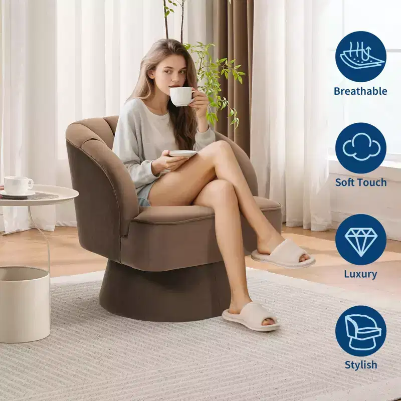 Modern Swivel Barrel Accent Chair, 360 Degree Velvet Upholstered Armchair with Striped Backrest & Plush Padding, Comfy Round Lounge Chair 2 PCS