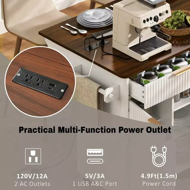 52-Inch Fluted Kitchen Island Cart with Power Outlet and Faux Marble Drop Leaf