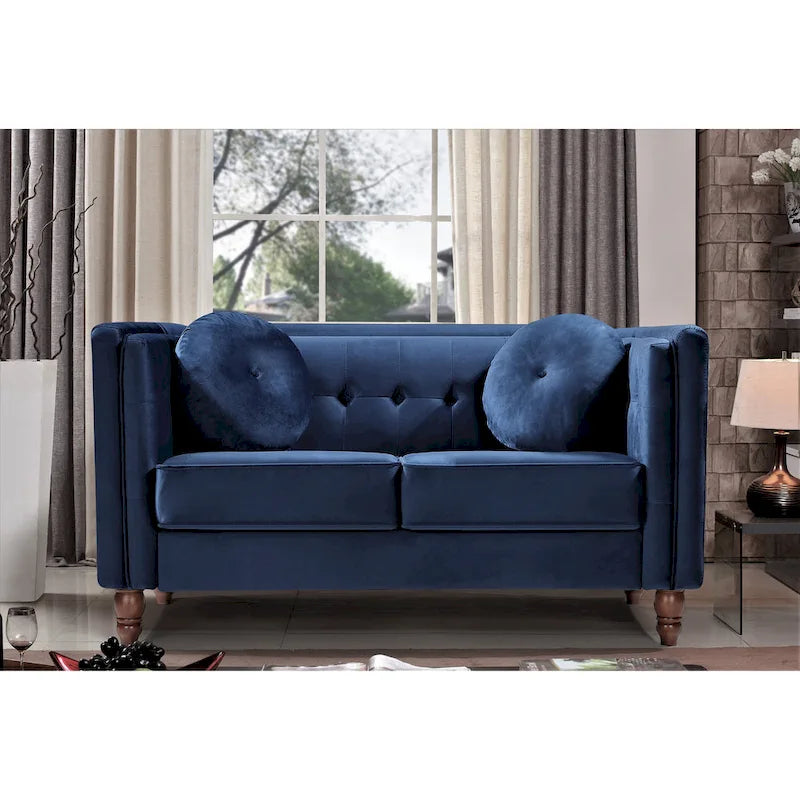Crushed Velvet Loveseat with Button-Tufted Back and Bolster Pillows