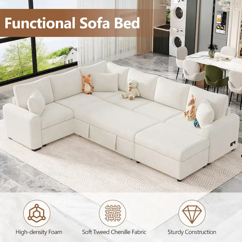 Chenille Sectional Sofa Pull-out Sofa Bed, L-Shape Sleeper Sofa with Storage Ottoman, 3 Pillows and Charging Devices
