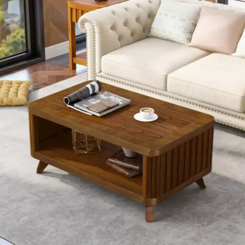 Brown Rectangular Coffee Table with Open Shelf, Pine Wood, 41.5
