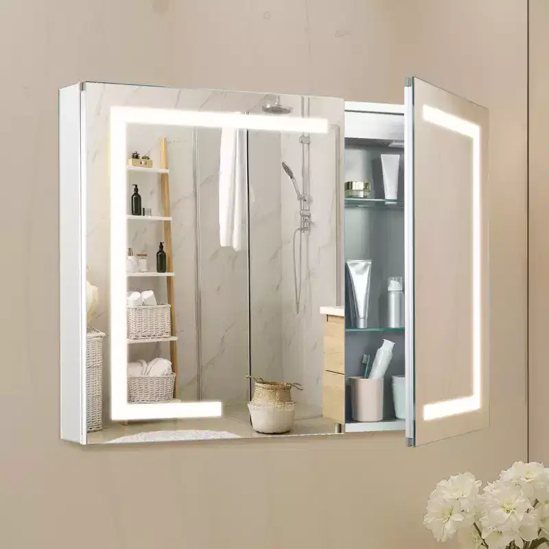 Lighted Medicine Cabinet with Mirror, 36 x 30 in Recessed or Wall Mount, 3 Color Dimmable LED Bathroom Medicine Cabinet with HD Mirror, Clock, White