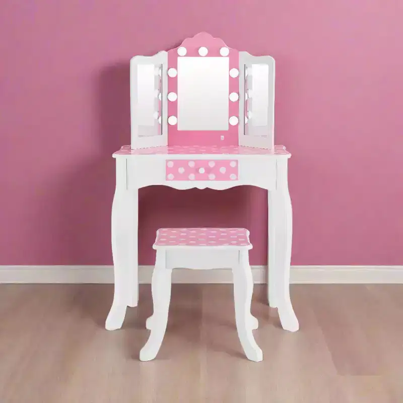 Fantasy Fields Gisele Polka Dot Kids Vanity Table & Stool with LED, White & Pink