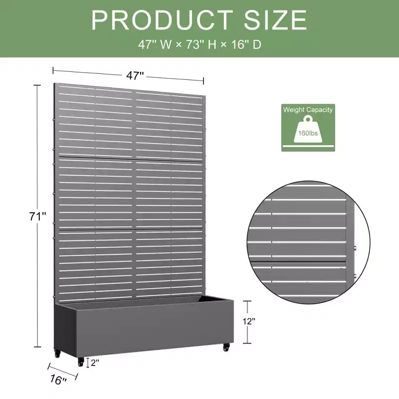 MAYEERTY Planter Box with Trellis Iron Gray Louvered Classic Style 72x35x16in 3-Piece Set