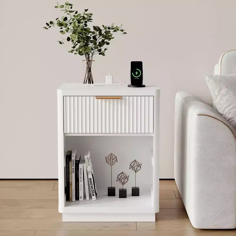 Fluted Nightstand with Charging Station and Drawers