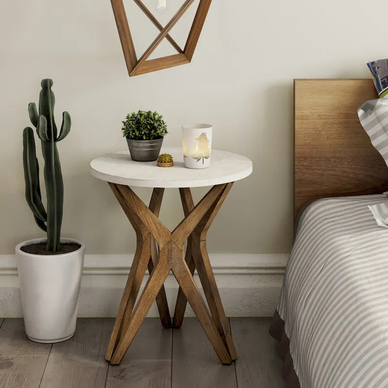 COZAYH Pedestal Farmhouse End Table Set of 2, Distressed White Top with Base for Modern Farmhouse, Boho Decor, Round