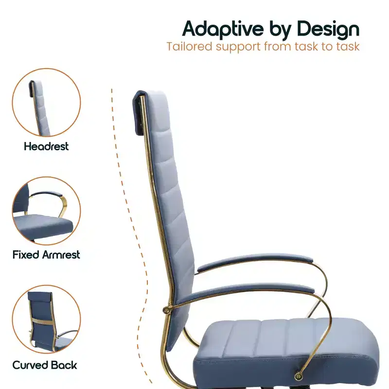 LeisureMod Benmar High-Back Ribbed Leather Office Chair - Modern Swivel & Tilt Executive Desk Chair - Gold Base