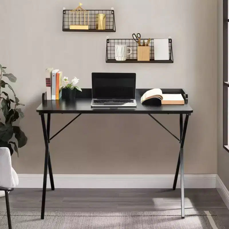 40 in Computer Desk with Grid Storage Shelf and X-Shaped Metal Frame, Home Office Gaming Desk, Black