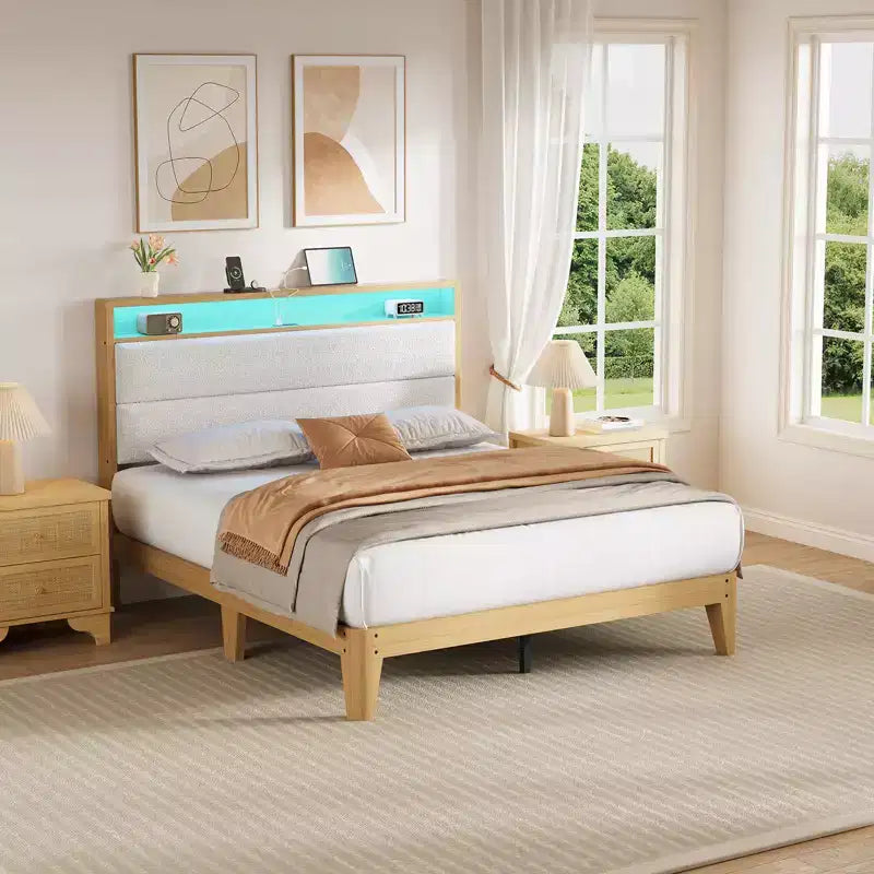 COZONY Bed Frame with RGB LED Lights and 2-Tier Storage Headboard, Modern Platform Bed for Bedroom