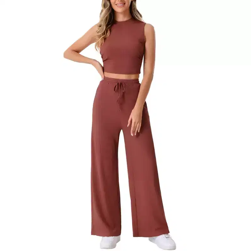 Allegra K Women's 2 Piece Crew Neck Sleeveless Crop Tank and Wide Leg Pants Summer Lounge Set