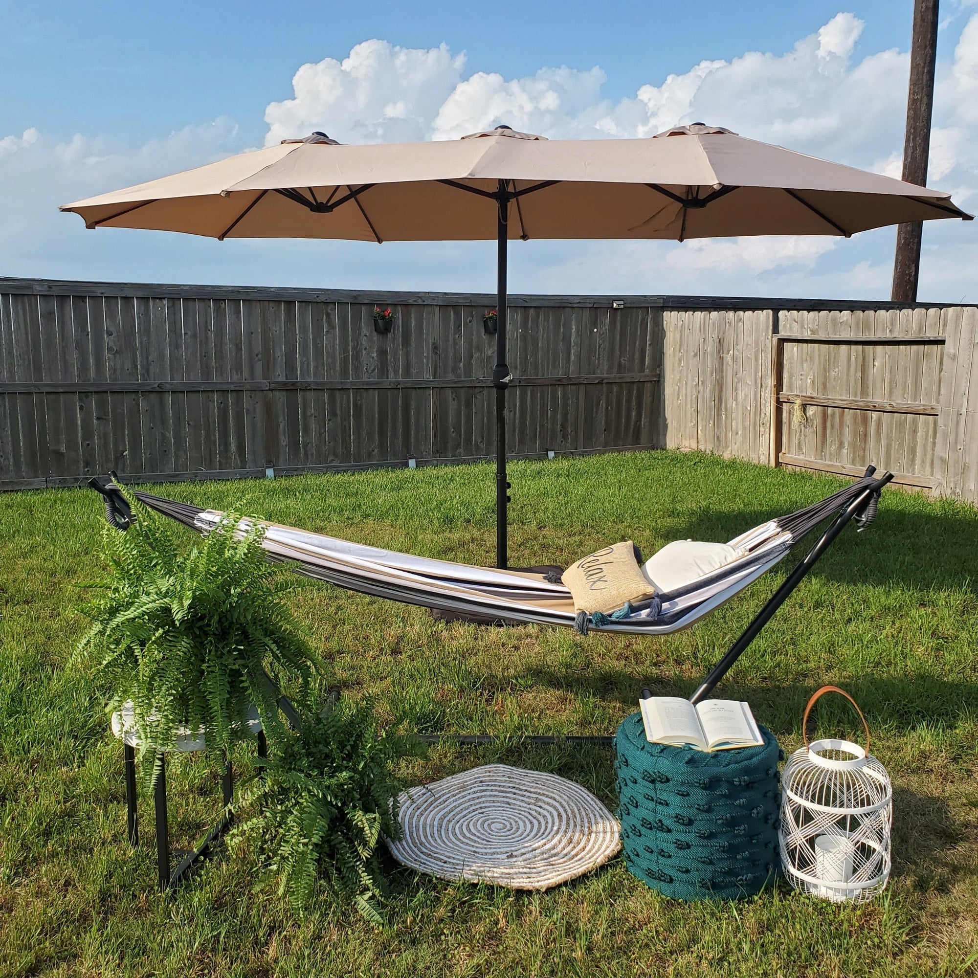 Parasol double face extra large MAISON ARTS de 4,57 m (15 pi) avec base incluse
