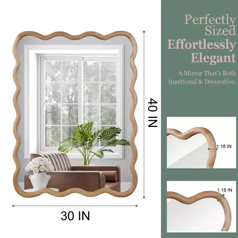 30 x 40 Wavy Rectangle Solid Wood Frame Decorative Mirror, Modern Farmhouse Wall Mirror for Bedroom, Bathroom, Living Room, Entryway, Natural Wood