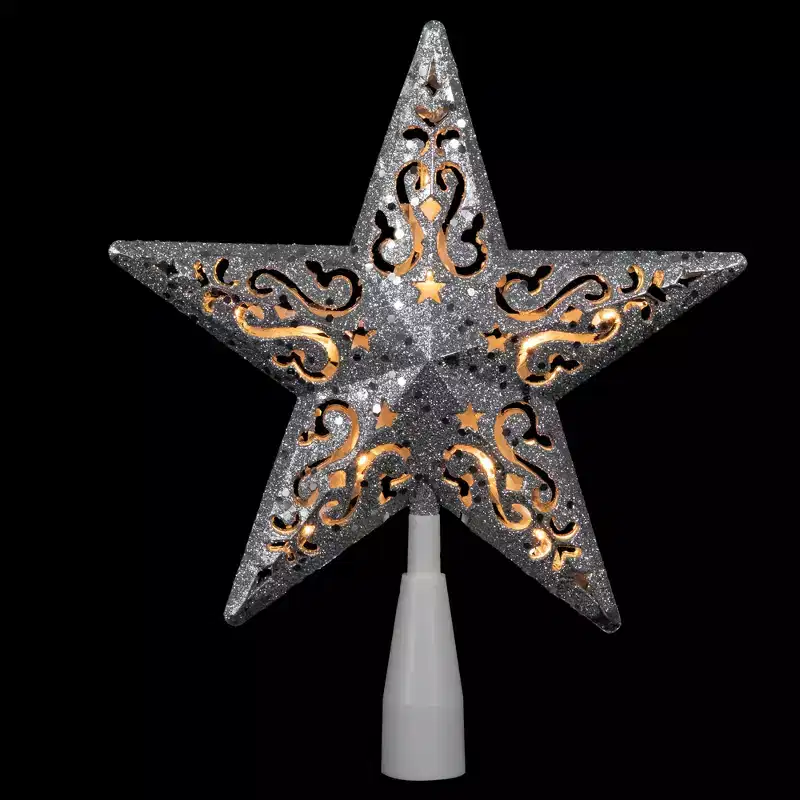 Northlight 8.5 Lighted Silver Glitter Star Cut Out Design Christmas Tree Topper - Clear Lights, White Wire