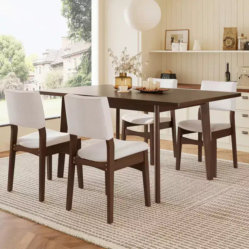 5-Piece Modern Dining Set with Solid Wood Table and 4 Linen Chairs, for Kitchen or Dining Room