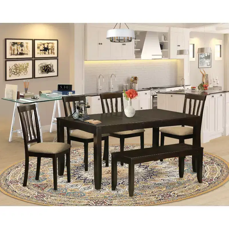 Dining Room Set 6 Piece Table with Chairs & Bench - Cappuccino Finish, 36x66 Inch
