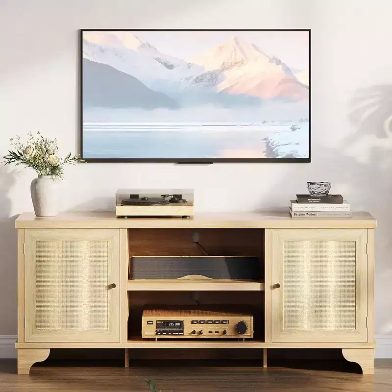 TV Stand 70 Inches,Rattan TV Stand for Living Room, Boho Entertainment Center , Wooden Console Cabinet with Storage and Shelf.