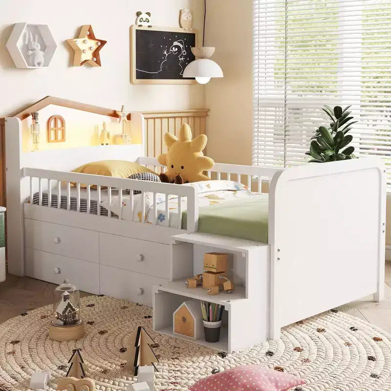 JVNOXK Low Loft Bed with LED Lights, Wooden Bunk Bed with House-Shaped Headboard, Children's Loft Bed with Storage Drawers, White