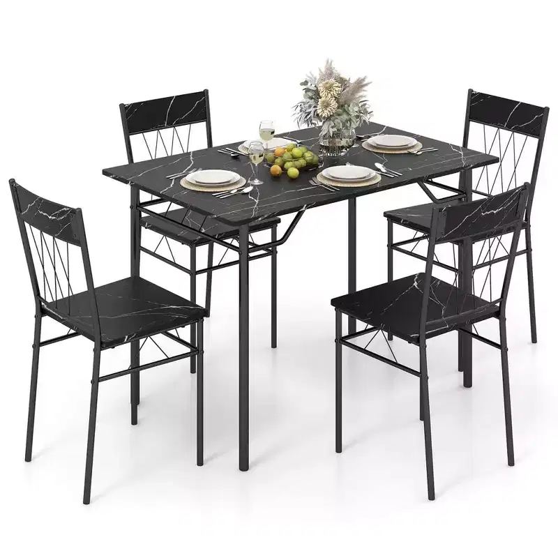 Costway 5PCS Dining Table Set for 4 Rectangular Kitchen Table & 4 Chairs with Metal Frame Cement Gray/Black