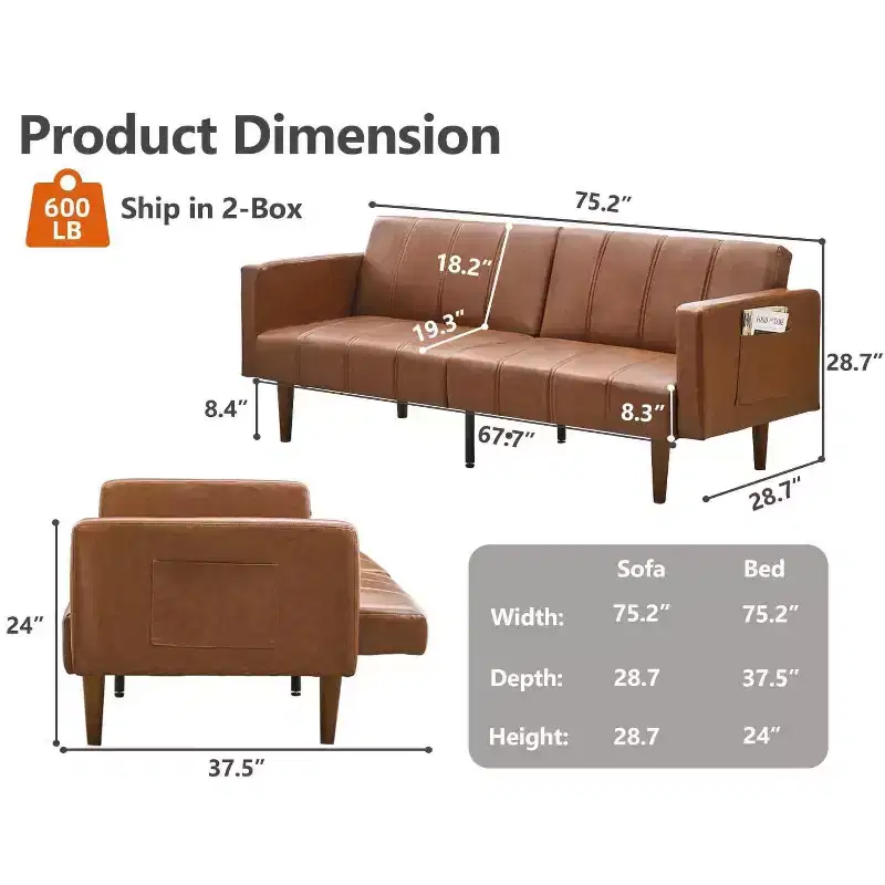 75 inch Futon Sofa Bed, Mid-Century Modern Futon Couch, Convertible Sleeper Sofa with Adjustable Backrest,Loveseat with Side Pockets, PU Leather Sofa