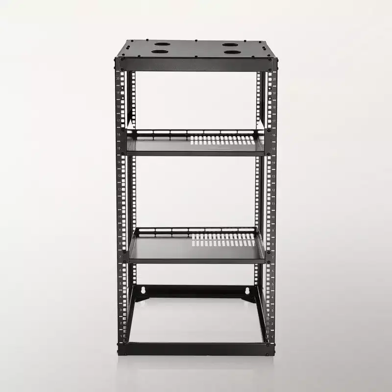 20U Open Frame Network Rack, 23 in Depth, Wall Mounted or Floor Standing Server Rack, Heavy Duty 4 Post, with Vented Shelves, Black