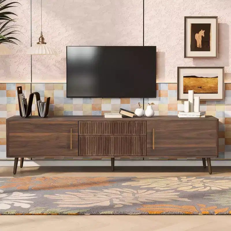 JVNOXK Mid Century TV Stand with 2 Drawers, Media Console Table for TVs up to 80'', Entertainment Center with Storage
