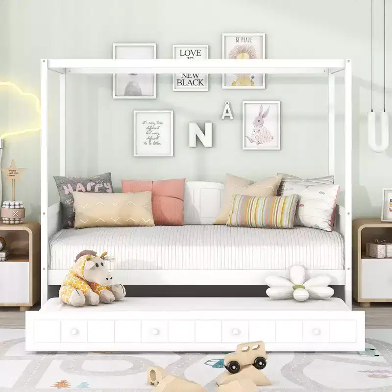 Twin Canopy Bed with Trundle, Wooden Daybed Frame with 4 Poster & Platform Bed, White