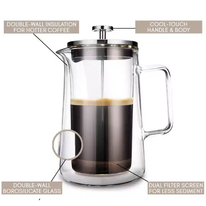 Kaffe French Press Coffee/Tea Maker - Double-Wall Borosilicate Glass (27oz / 800ml)