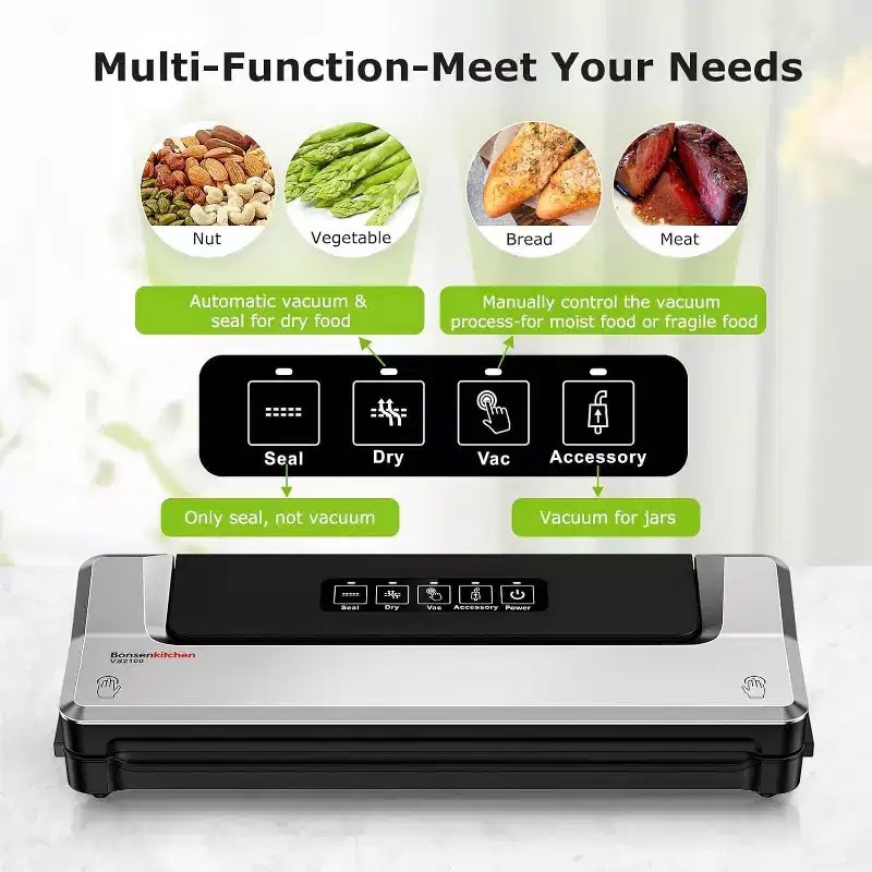 Bonsenkitchen Multi-Functional Compact Food Vacuum Sealer with 5 Vacuum Bags & Accessory Hose, Globefish Technology for High-Speed Continuous Working