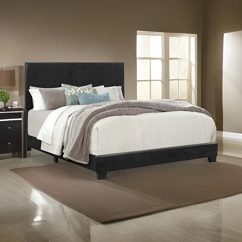 King Size Bed, Wood, Nailhead Trim, Upholstered Headboard, Black
