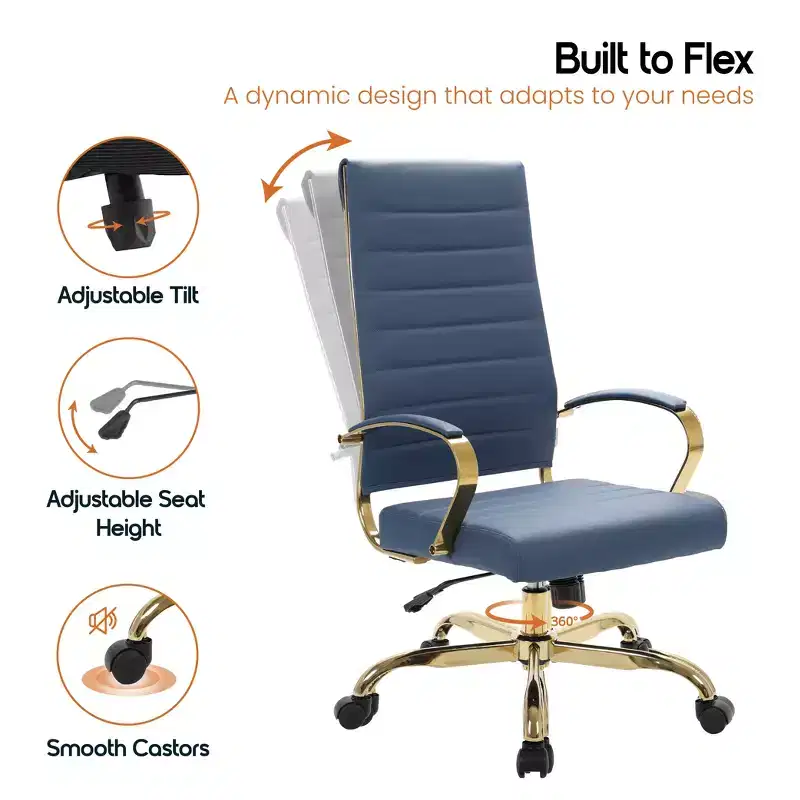 LeisureMod Benmar High-Back Ribbed Leather Office Chair - Modern Swivel & Tilt Executive Desk Chair - Gold Base